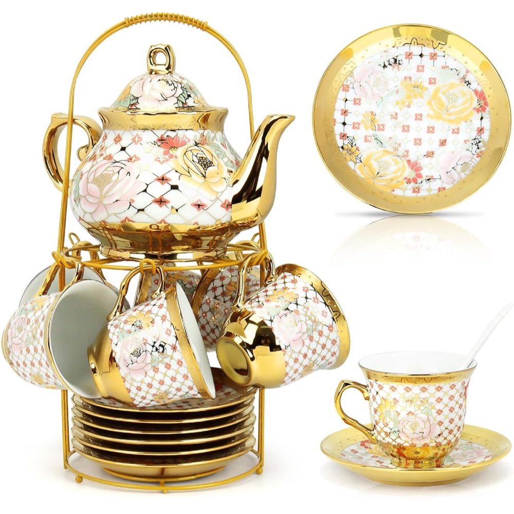 Elegant Gold and Floral Tea Set